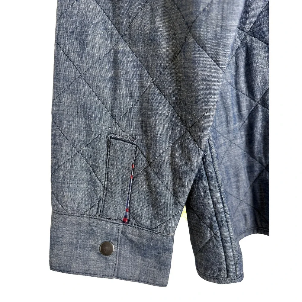 Lands End Womens Reversible Quilted Barn Jacket Chore Coat Blue Chambray Plaid M
